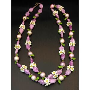 Vintage 1960's Tutti Fruity Daisy Lavender Lucite Beaded Necklace Extra Long